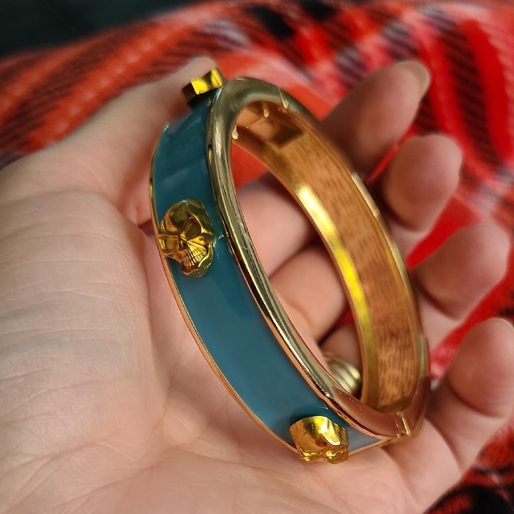 Gold Skull and Teal Blue Bangle Bracelet